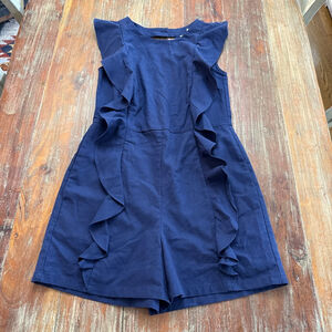 Jade Melody Tam Ruffle-Trim 100% Linen Sleeveless Romper (Navy Blue) XS